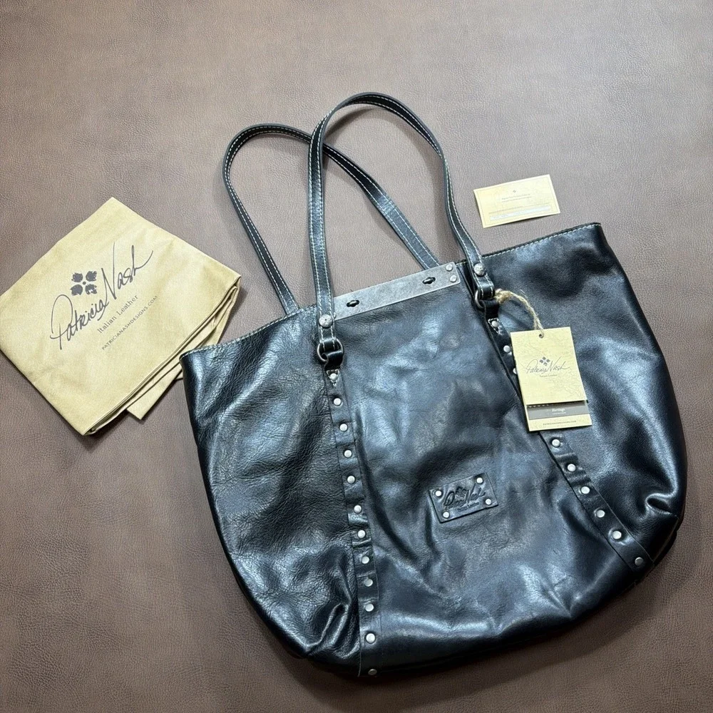 PATRICIA NASH Western Tote Shoulder Bag Studded Black Italian Leather Purse New!
